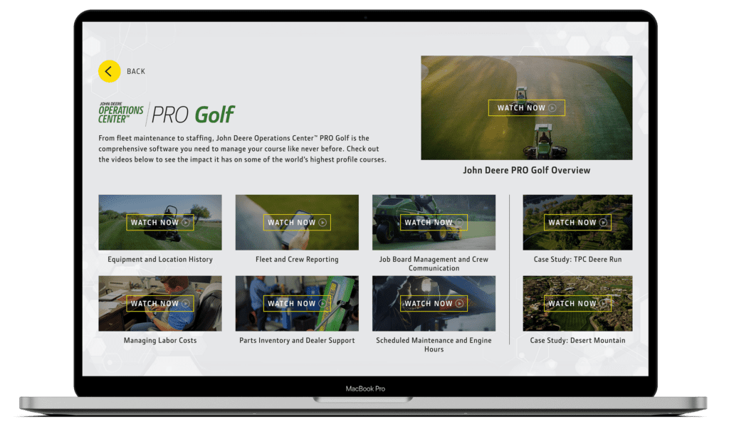 PRO Golf Operations Center webpage featuring informational videos. 