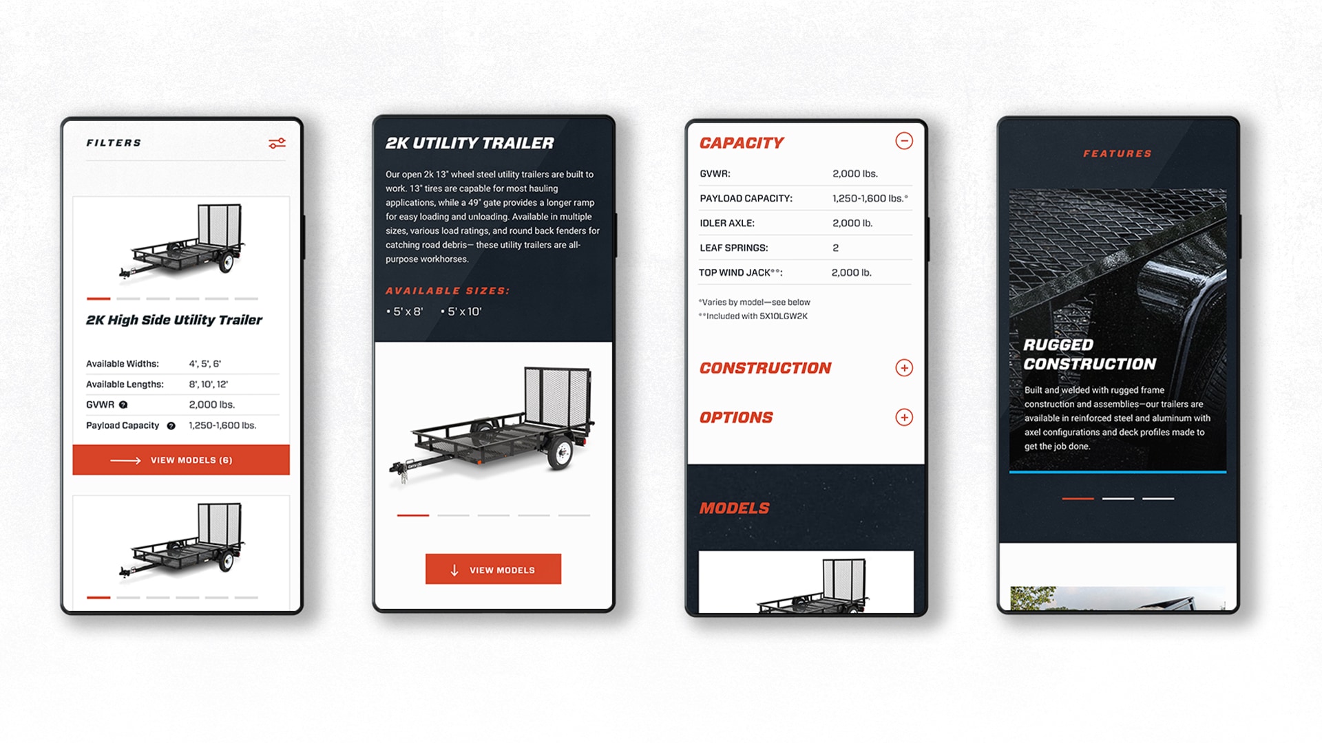 Four smart phones showing the Carry-On Trailer's website.