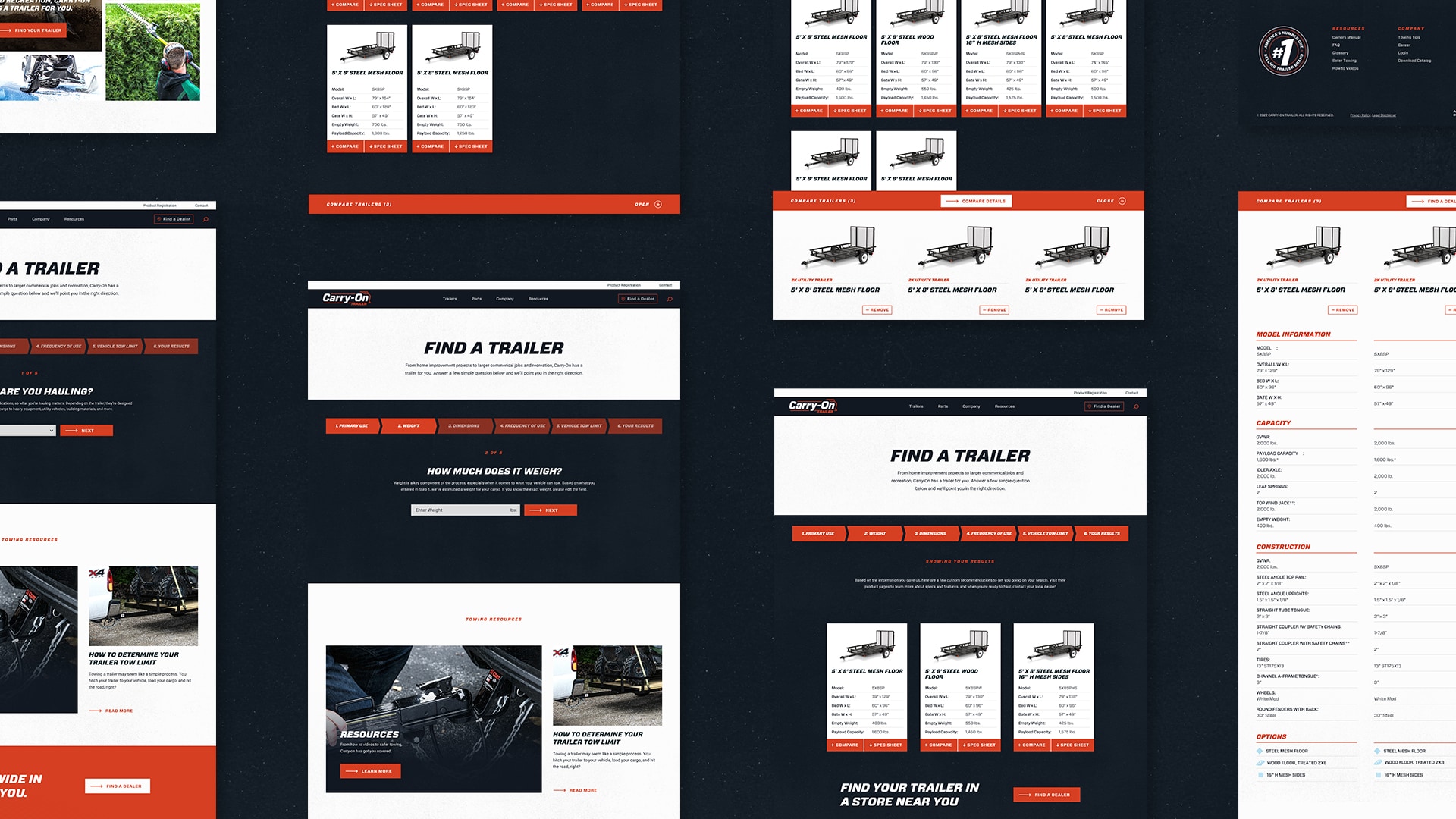 Stylized collage showing different parts of the Carry-On Trailer's website.