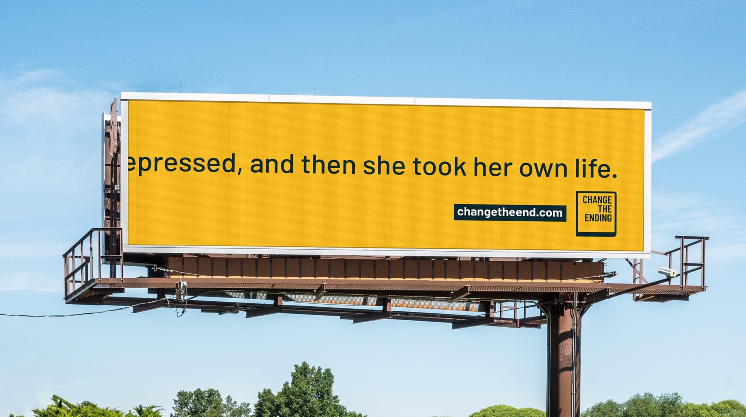 Billboard reading "(D)epressed, and then she took her own"